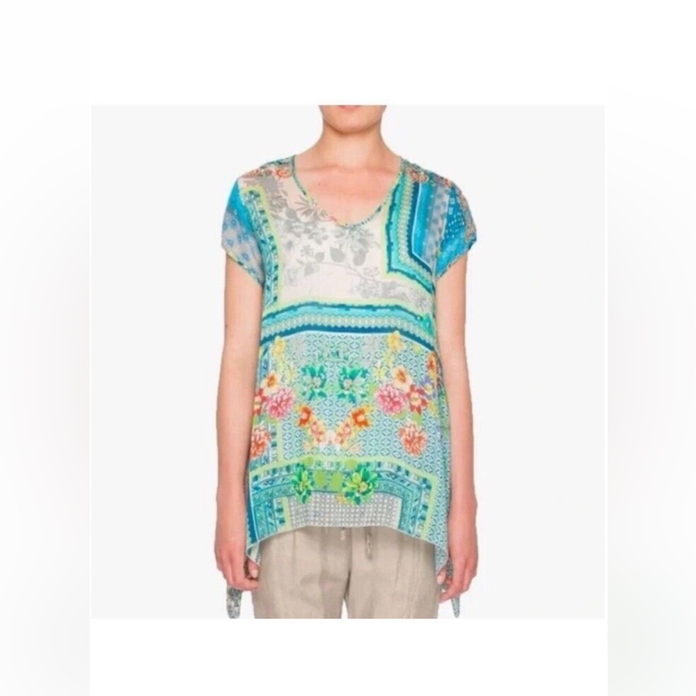 JOHNNY WAS Cupra Floral Short Sleeve Patchwork Boho Cotton Tunic Blouse - Picture 2 of 7